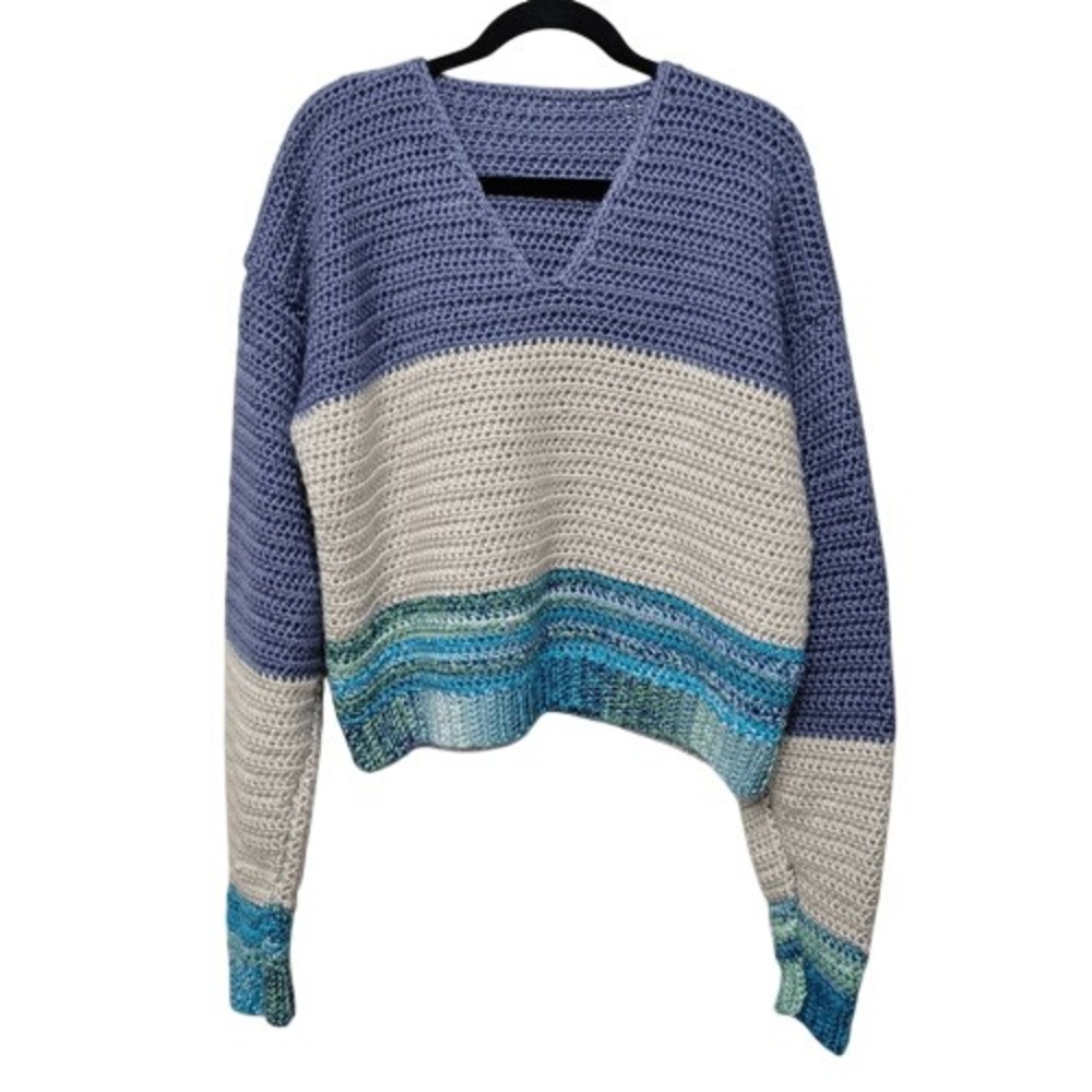 Handmade Chunky Crochet Sweater Oversized Slouchy Cropped V Neck Blue Colorblock